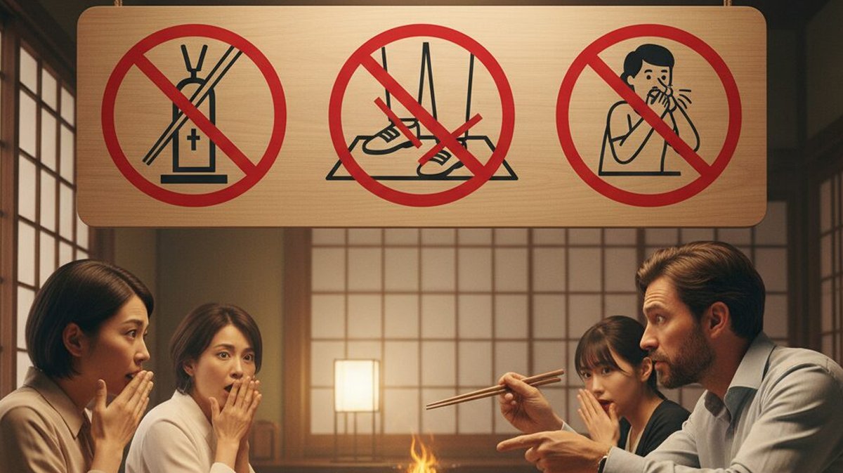 Japanese etiquette and cultural respect illustrated with a traveler bowing in a traditional Japanese setting