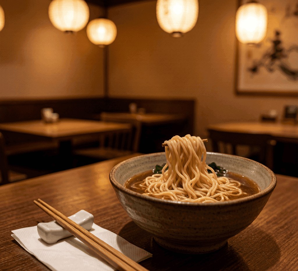 Chopsticks resting correctly on a hashioki beside a bowl of ramen in a warm Japanese restaurant setting