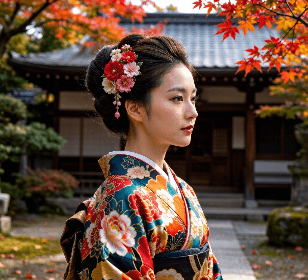 Traditional Japanese kimono worn correctly with right-over-left fold in a serene temple garden