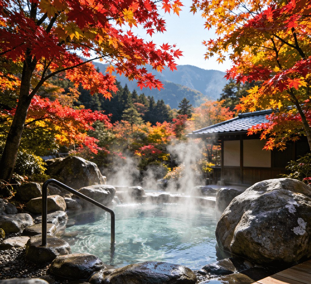 Peaceful outdoor Japanese onsen with steam rising from a natural stone bath surrounded by autumn leaves