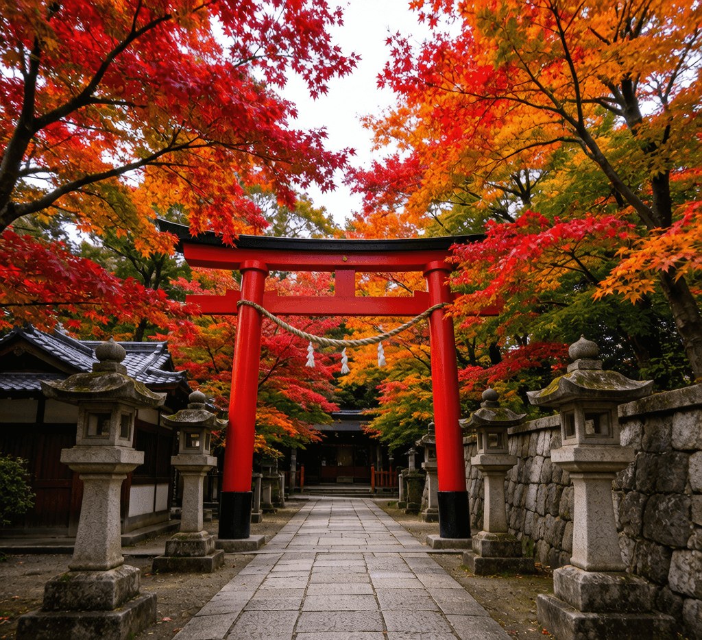 Visitors walking respectfully along side paths at a Japanese shrine entrance with torii gate