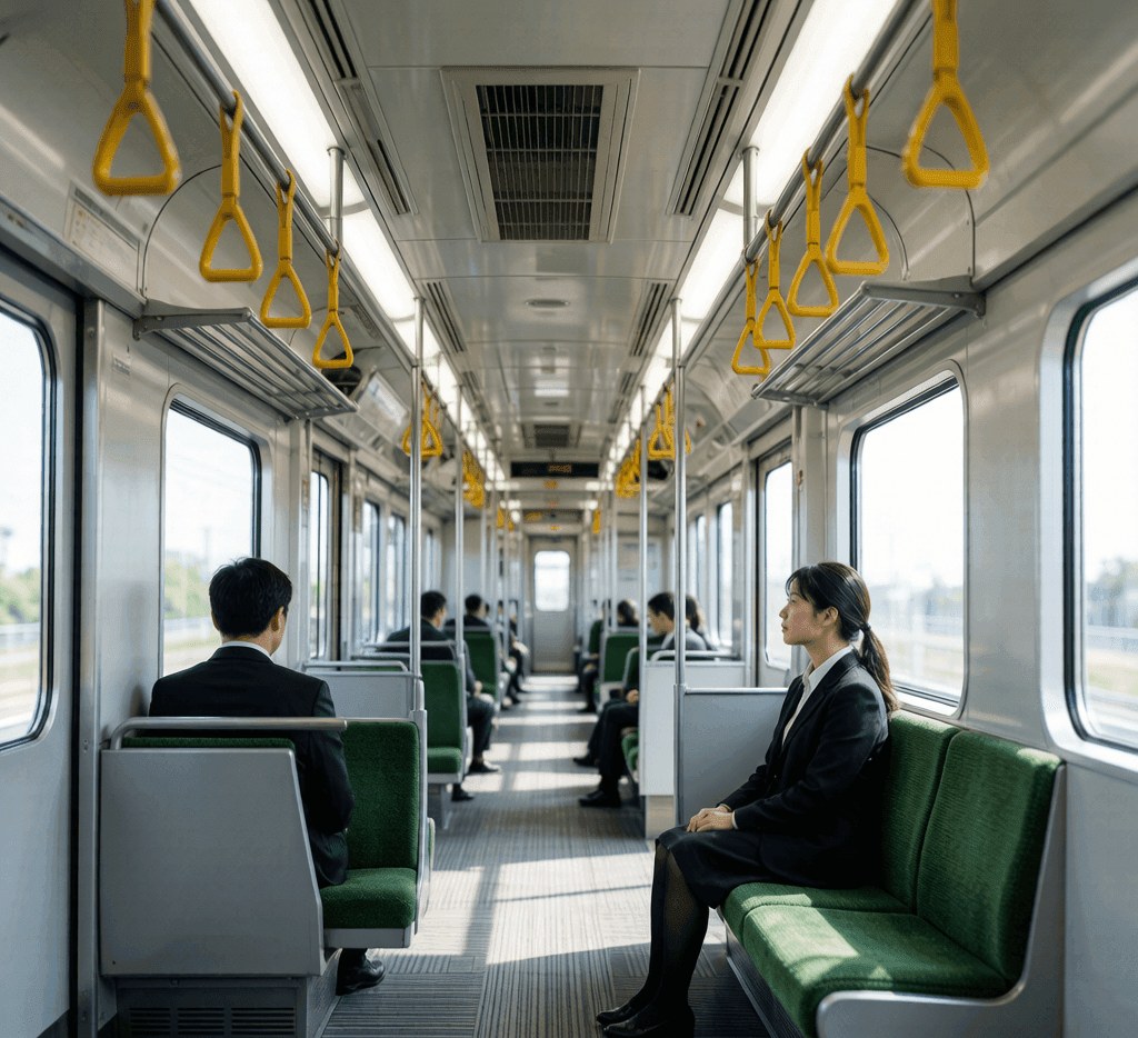 Clean, quiet Japanese train interior with passengers observing silent etiquette
